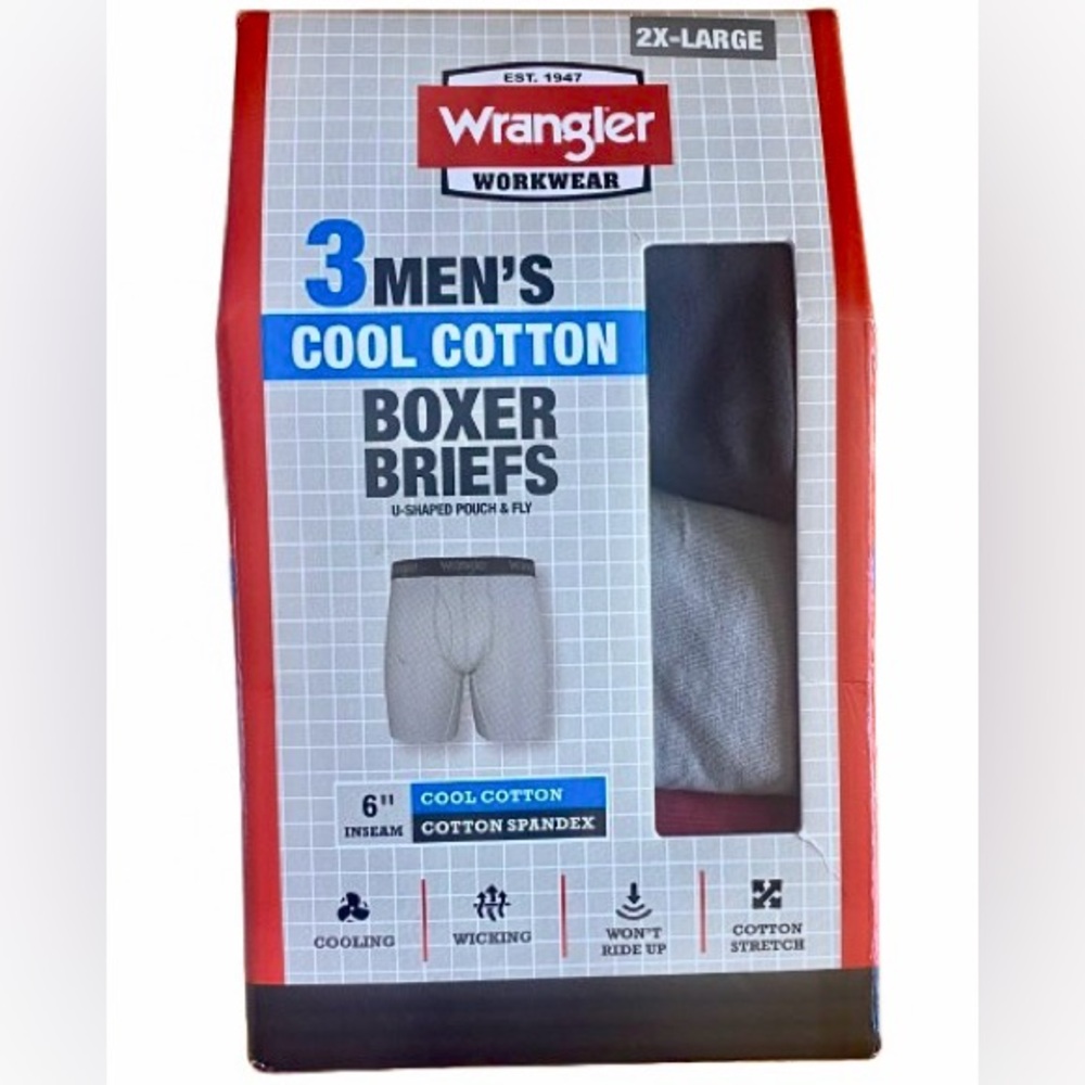 3 Pairs Wrangler Workwear Men's Cool Cotton Boxer Briefs Size 2XL